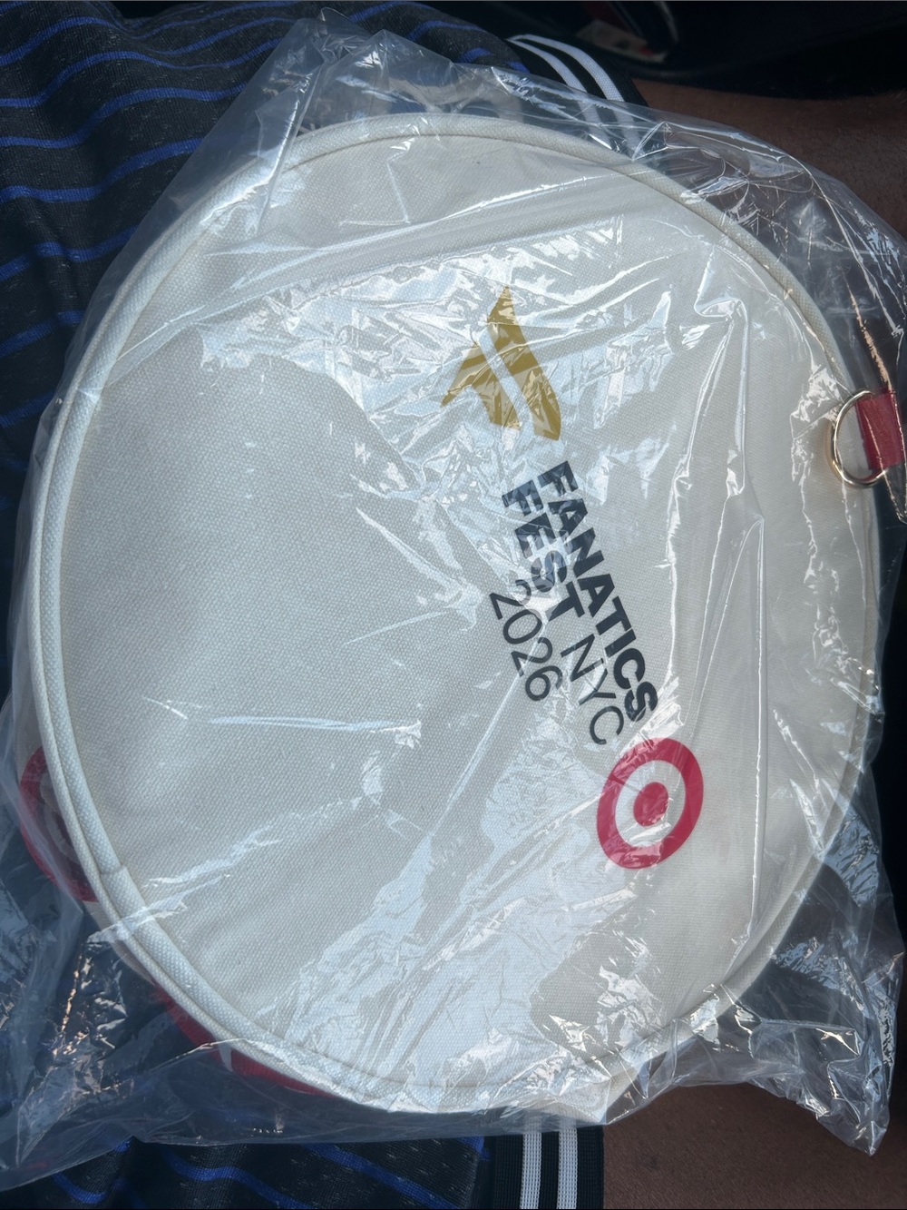 Fanatics White Round Crossbody Bag with Red Accent and Gold Logo